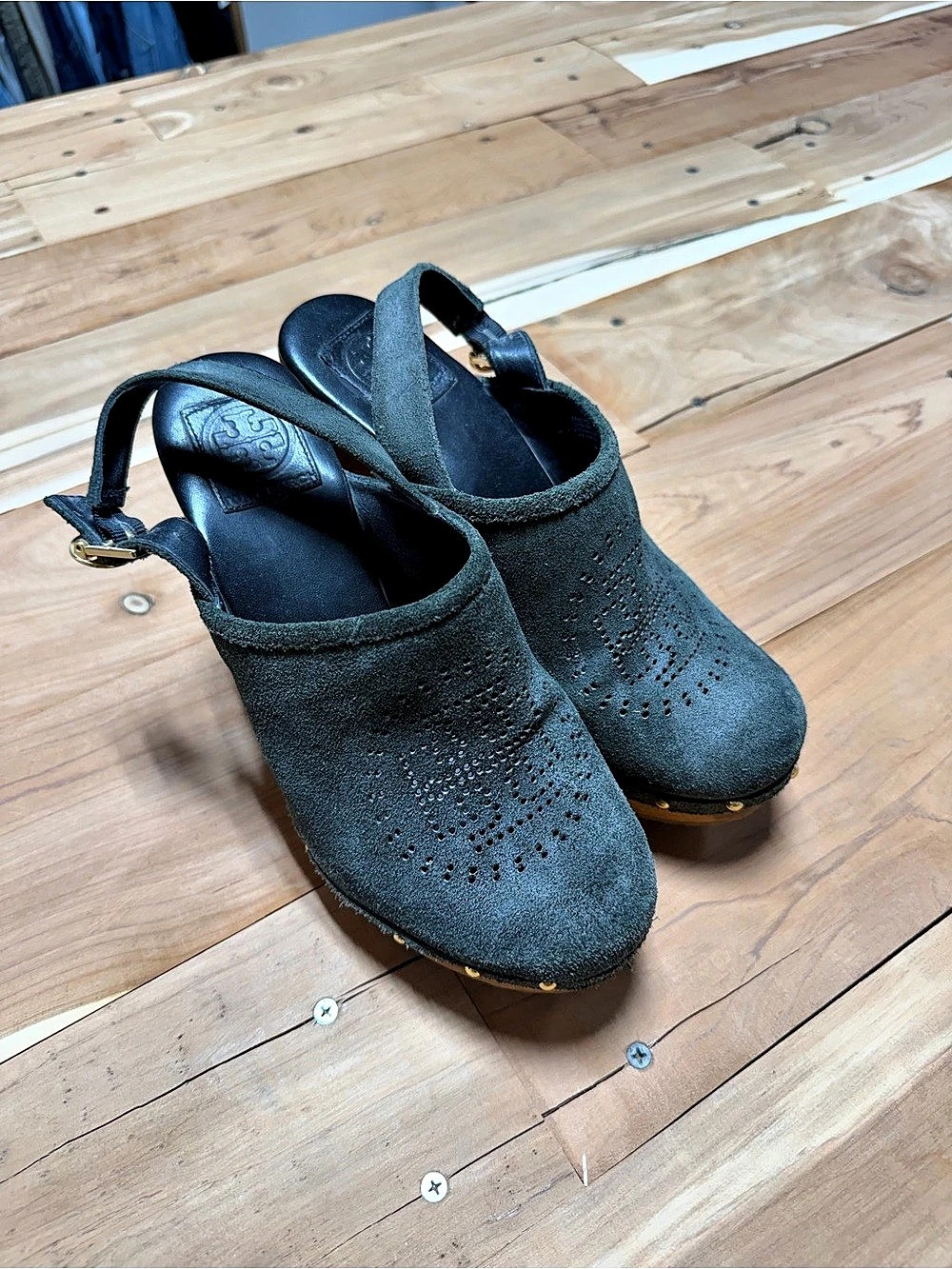 Tory Burch Suede Platform Clogs Slingback Heels Gray Size 9.5